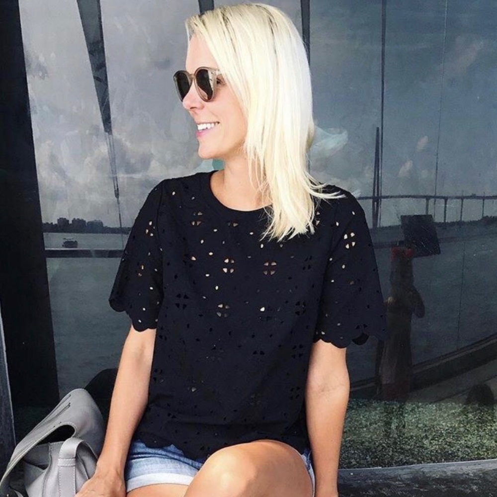 Who What Wear Black Eyelet short sleeve blouse - Picture 3 of 8